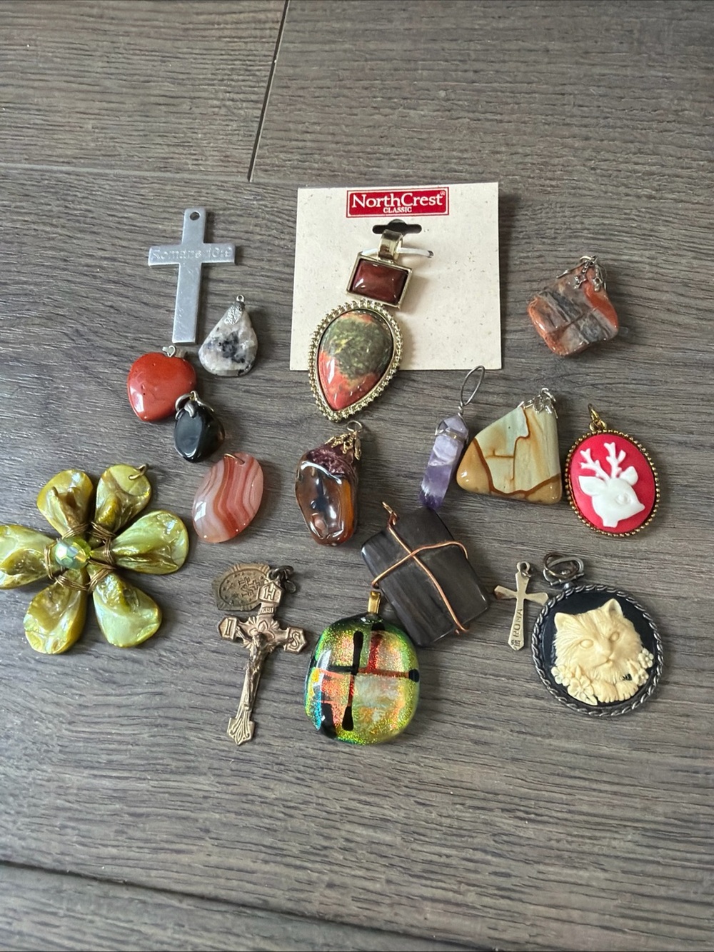 Multicolored Stone, Crosses & Cameo Pendant Lot - 17 pieces Vintage